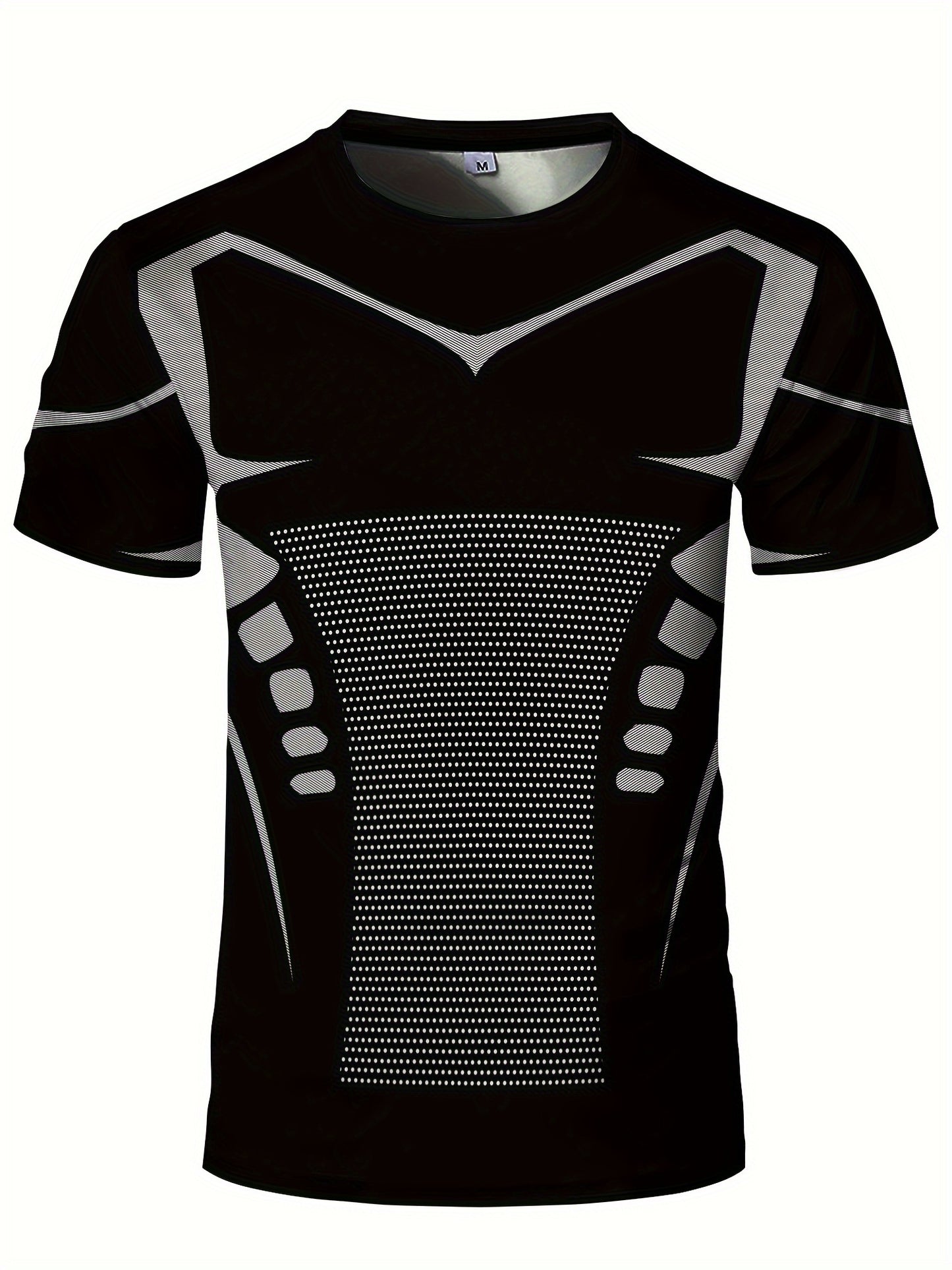 Men'S High Elasticity Quick Dry Sports T-Shirt, Geometric-Patterned Polyester Knit Fabric, Crew Neck Short Sleeve Tear Resistant Top for Running, Yoga, Hiking & Outdoor Activities - Summer Casual Fit