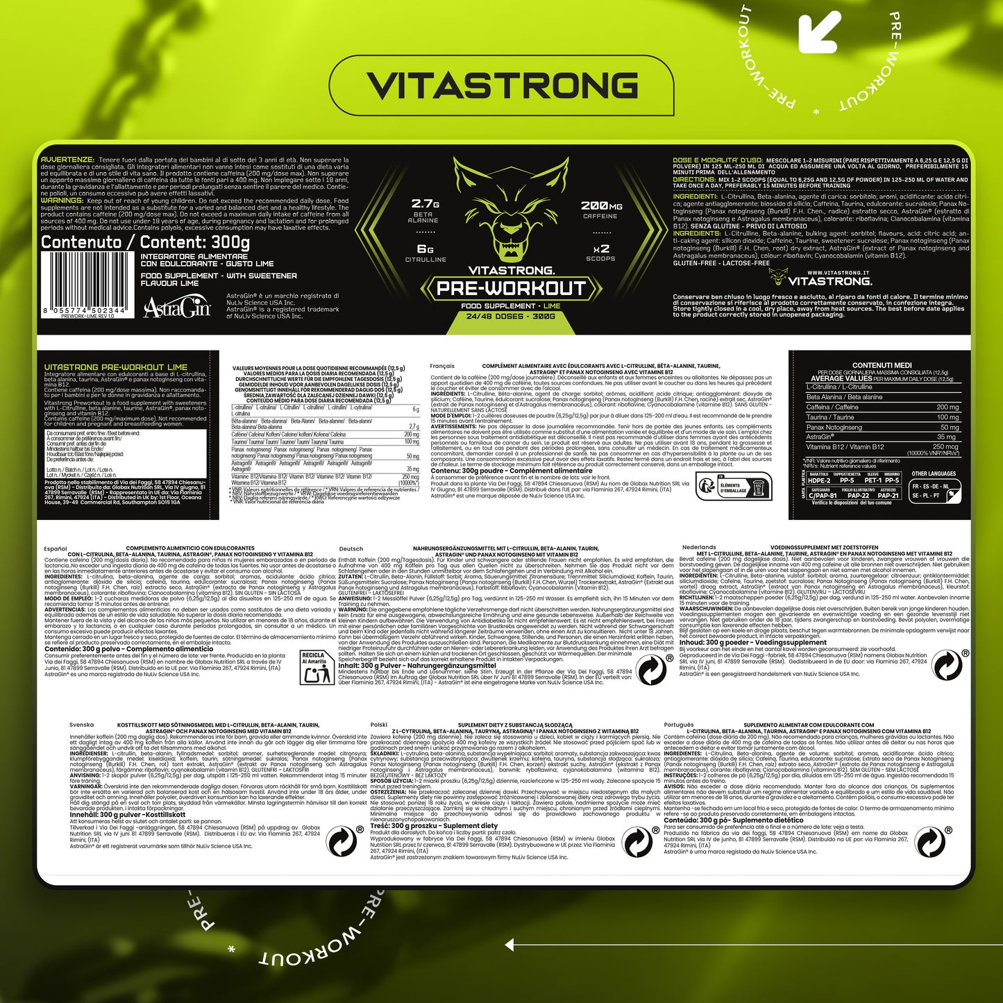 Powerful Pre-Workout Booster 300g Lime Flavor, Vegan Preworkout with Vitamin B12, Citrulline, Beta Alanine, Caffeine, Taurine, AstraGin, Vitastrong (24 Servings, 1 Pack)
