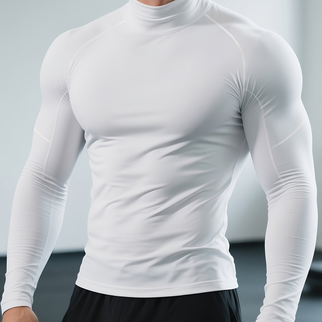 Men's Quick-Dry Stretch Fitness Shirt - High Neck Long Sleeve Workout Top, Tight-Fit Gym & Boxing Shirt for All Seasons, Moisture-Wicking Athletic Performance Apparel, Gym Clothes, Training Top, Sporty Look, Stretchy Fabric,