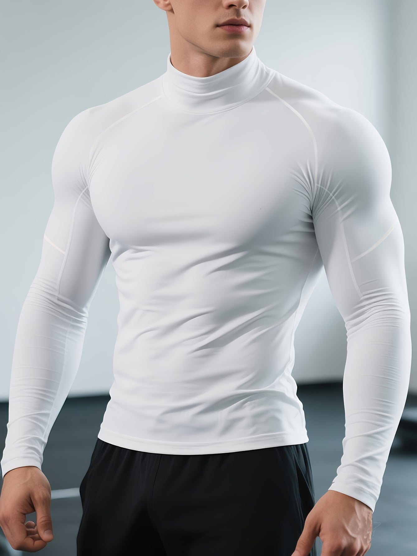 Men's Quick-Dry Stretch Fitness Shirt - High Neck Long Sleeve Workout Top, Tight-Fit Gym & Boxing Shirt for All Seasons, Moisture-Wicking Athletic Performance Apparel, Gym Clothes, Training Top, Sporty Look, Stretchy Fabric,