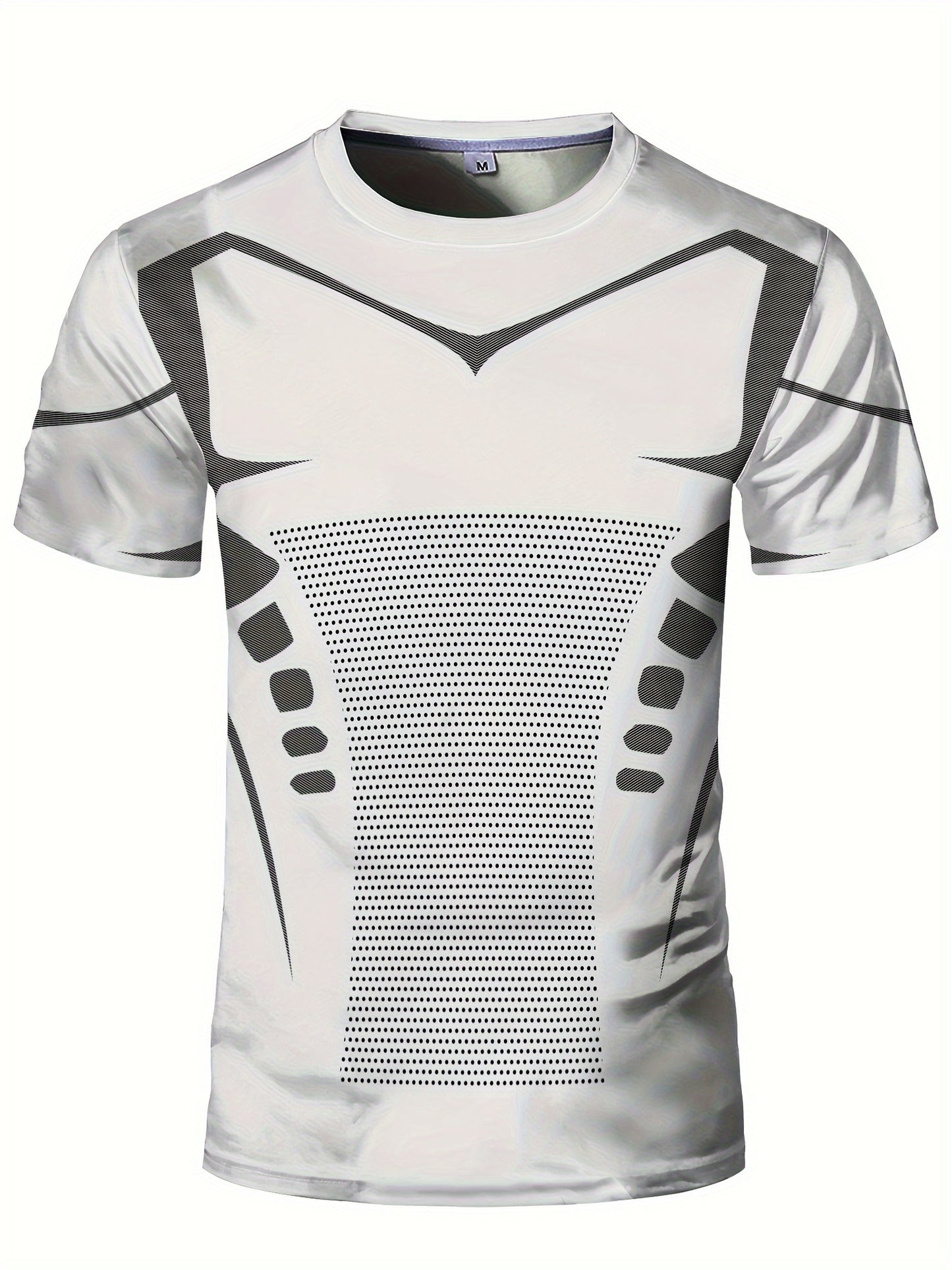 Men'S High Elasticity Quick Dry Sports T-Shirt, Geometric-Patterned Polyester Knit Fabric, Crew Neck Short Sleeve Tear Resistant Top for Running, Yoga, Hiking & Outdoor Activities - Summer Casual Fit