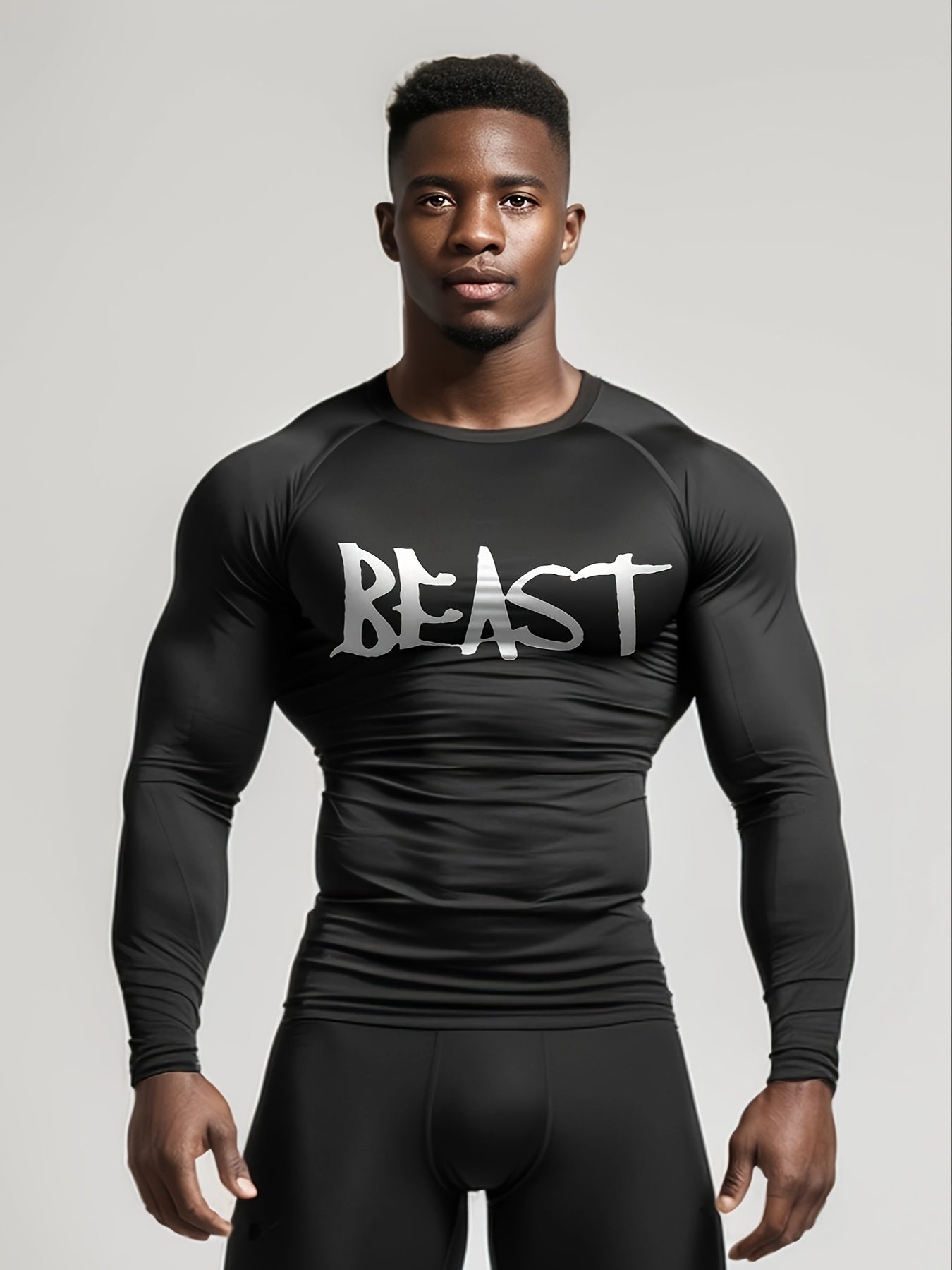 2pcs Sports Fitness T-Shirt Style "BEAST" Letter Print Set Men'S Running Sports Tight And Elastic Basketball Training Outdoor