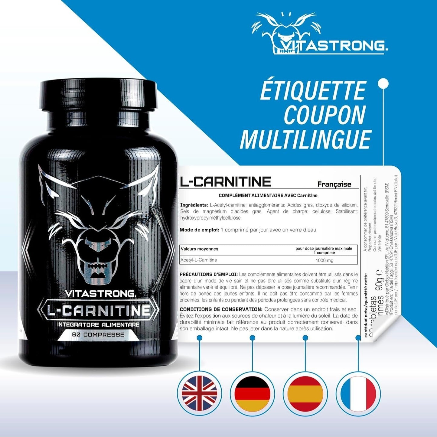 High-Dose L-Carnitine (1 per Day/2 Months), 1000mg Acetyl L-Carnitine in 60 Vegan Bioavailable Tablets, Pure Essential Amino Acid L-Carnitine Alternative to Liquid Carnitine