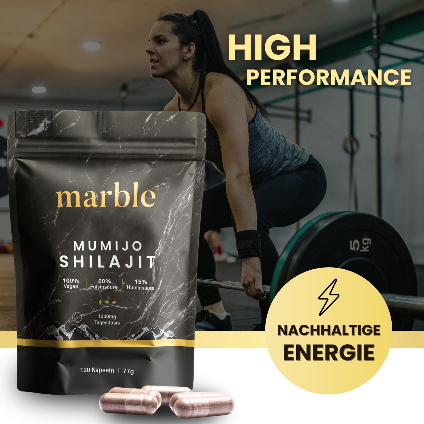 Marble® Shilajit Original Himalayan Capsules with MCT Oil - Mumijo Shilajit 120 Pieces Ultra High Dose in a Bag - 1536 mg Daily Dose Vegan - Filled & Lab Tested in Germany - Made in Germany