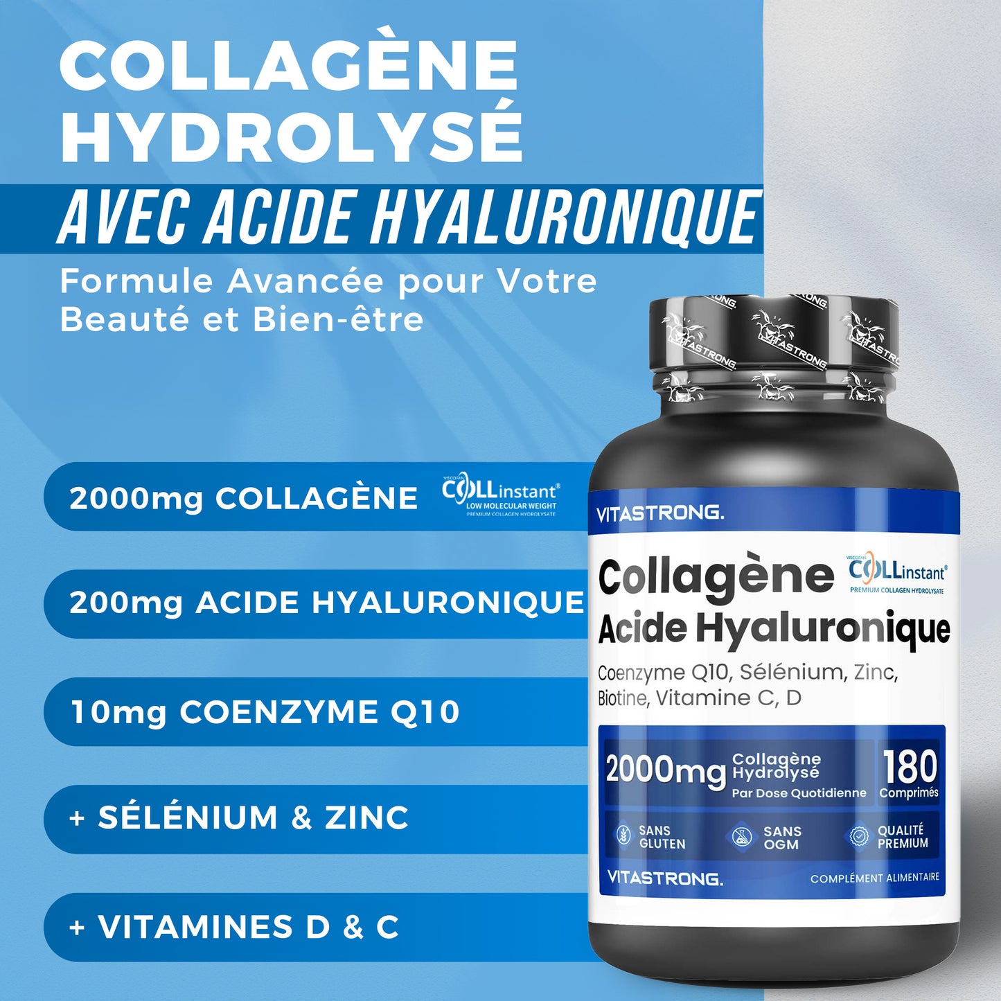 Collagen and Hyaluronic Acid 180 Tablets, Hydrolyzed Collagen 2000mg with Biotin, CoQ10, Zinc, Selenium, Vitamins C & D, Skin, Bone, and Joint Supplement