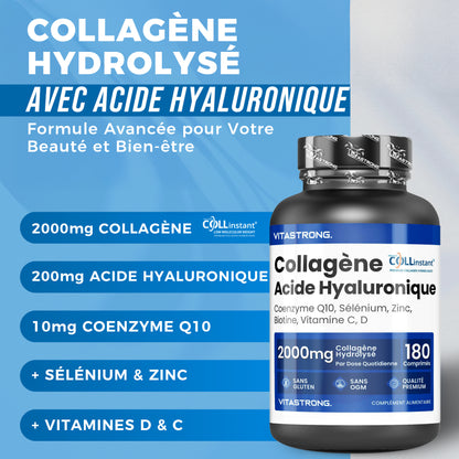 Collagen and Hyaluronic Acid 180 Tablets, Hydrolyzed Collagen 2000mg with Biotin, CoQ10, Zinc, Selenium, Vitamins C & D, Skin, Bone, and Joint Supplement