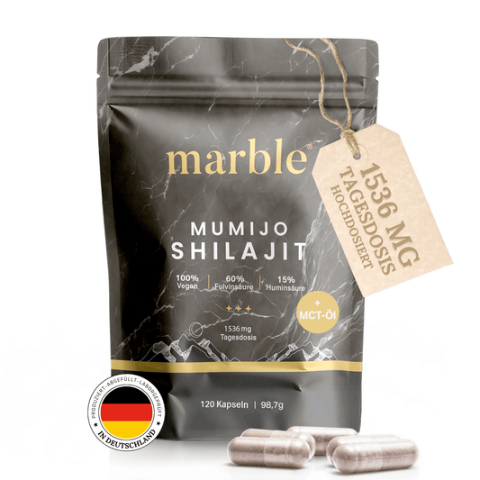 Marble® Shilajit Original Himalayan Capsules with MCT Oil - Mumijo Shilajit 120 Pieces Ultra High Dose in a Bag - 1536 mg Daily Dose Vegan - Filled & Lab Tested in Germany - Made in Germany