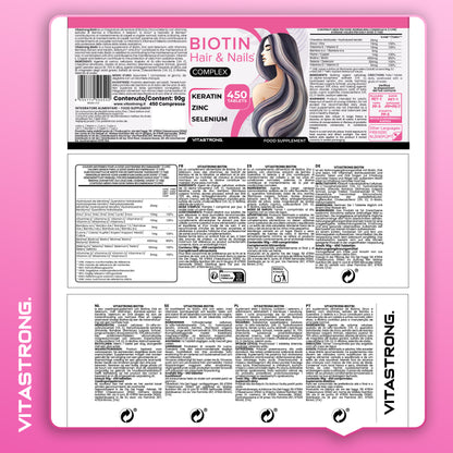 Vitastrong Biotin 450 High-Dose Tablets (15 Months) – Biotin Complex Premium with Keratin, Selenium, Zinc, Bamboo, Hair, Skin, and Nail Vitamins for Hair Growth