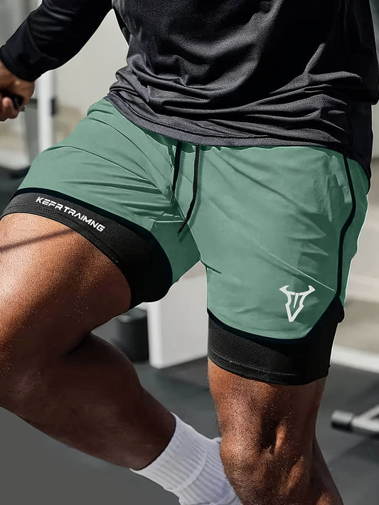 Men'S 2-in-1 Quick-Dry Breathable Athletic Shorts with Geometric Bull Head Print - Lightweight Running & Training Gear, Olive Green with Black Accents, Asymmetrical Design, Pockets, Perfect for Beach & Sports, Gym Short