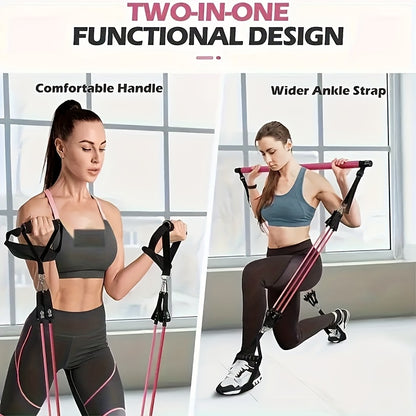 8pcs Set - Pilates Bar Kit with 4 Resistance Bands (63.5 KG) Portable Home Gym Fitness Equipment Set with Ankle Straps And Portable Drawstring Backpack for Men And Women Fitness Workout