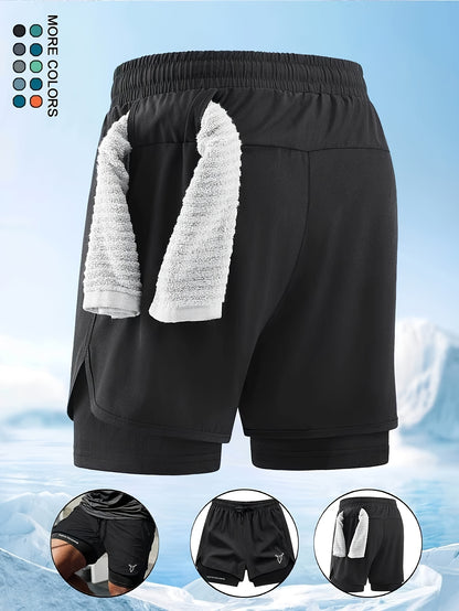 Men'S 2-in-1 Quick-Dry Breathable Athletic Shorts with Geometric Bull Head Print - Lightweight Running & Training Gear, Olive Green with Black Accents, Asymmetrical Design, Pockets, Perfect for Beach & Sports, Gym Short