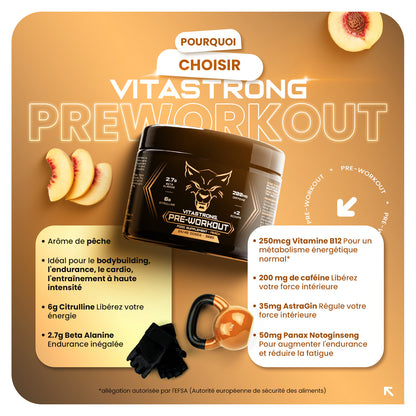 Powerful Pre-Workout Booster 300g Peach Flavor, Vegan Preworkout with Vitamin B12, Citrulline, Beta Alanine, Caffeine, Taurine, AstraGin, Vitastrong (24 Servings, 1 Pack)