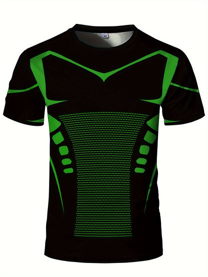 Men'S High Elasticity Quick Dry Sports T-Shirt, Geometric-Patterned Polyester Knit Fabric, Crew Neck Short Sleeve Tear Resistant Top for Running, Yoga, Hiking & Outdoor Activities - Summer Casual Fit