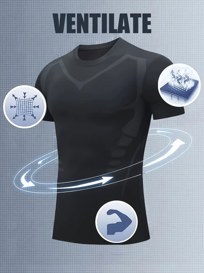 Men's Athletic Compression T-Shirt - Breathable, Stretchy & Slimming for Yoga, Cycling & Running | Solid Color with Geometric Print, Elastic, Muscle, Outdoor Sports, Single Piece