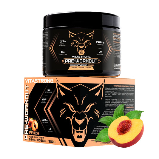 Powerful Pre-Workout Booster 300g Peach Flavor, Vegan Preworkout with Vitamin B12, Citrulline, Beta Alanine, Caffeine, Taurine, AstraGin, Vitastrong (24 Servings, 1 Pack)