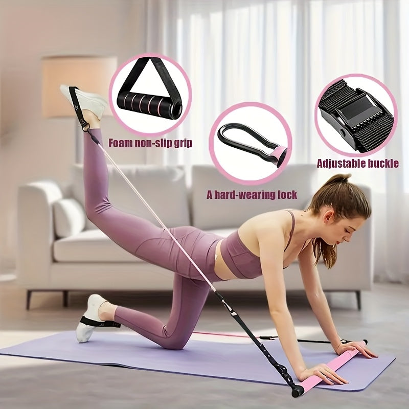 8pcs Set - Pilates Bar Kit with 4 Resistance Bands (63.5 KG) Portable Home Gym Fitness Equipment Set with Ankle Straps And Portable Drawstring Backpack for Men And Women Fitness Workout