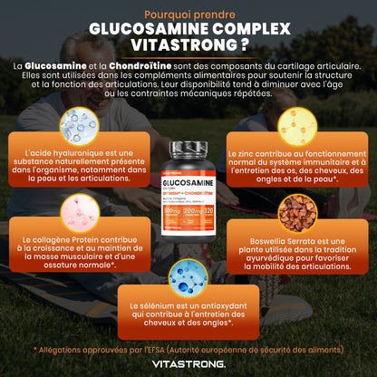 Vitastrong Glucosamine Chondroitin with MSM, Collagen, Hyaluronic Acid, Zinc, Selenium, Manganese, Boswellia for Bones, Joints, Cartilage, Premium Natural Chondroitin Glucosamine Complex