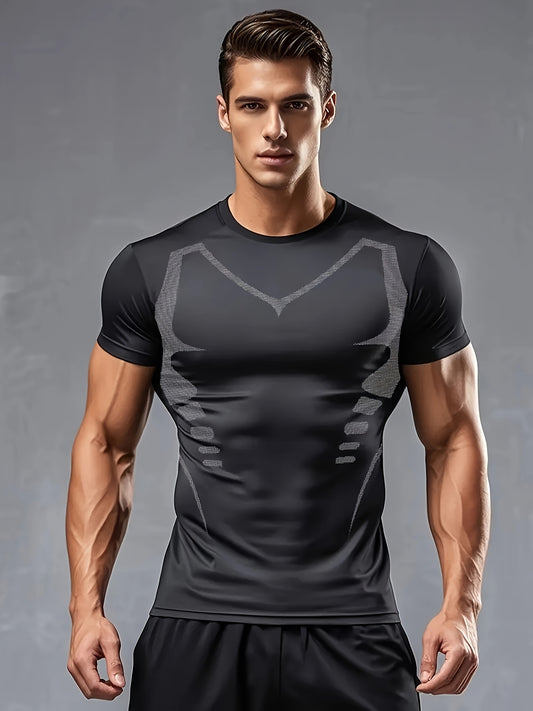 Men's Athletic Compression T-Shirt - Breathable, Stretchy & Slimming for Yoga, Cycling & Running | Solid Color with Geometric Print, Elastic, Muscle, Outdoor Sports, Single Piece
