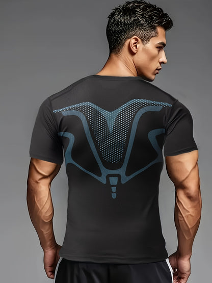 Men's Athletic Compression T-Shirt - Breathable, Stretchy & Slimming for Yoga, Cycling & Running | Solid Color with Geometric Print, Elastic, Muscle, Outdoor Sports, Single Piece
