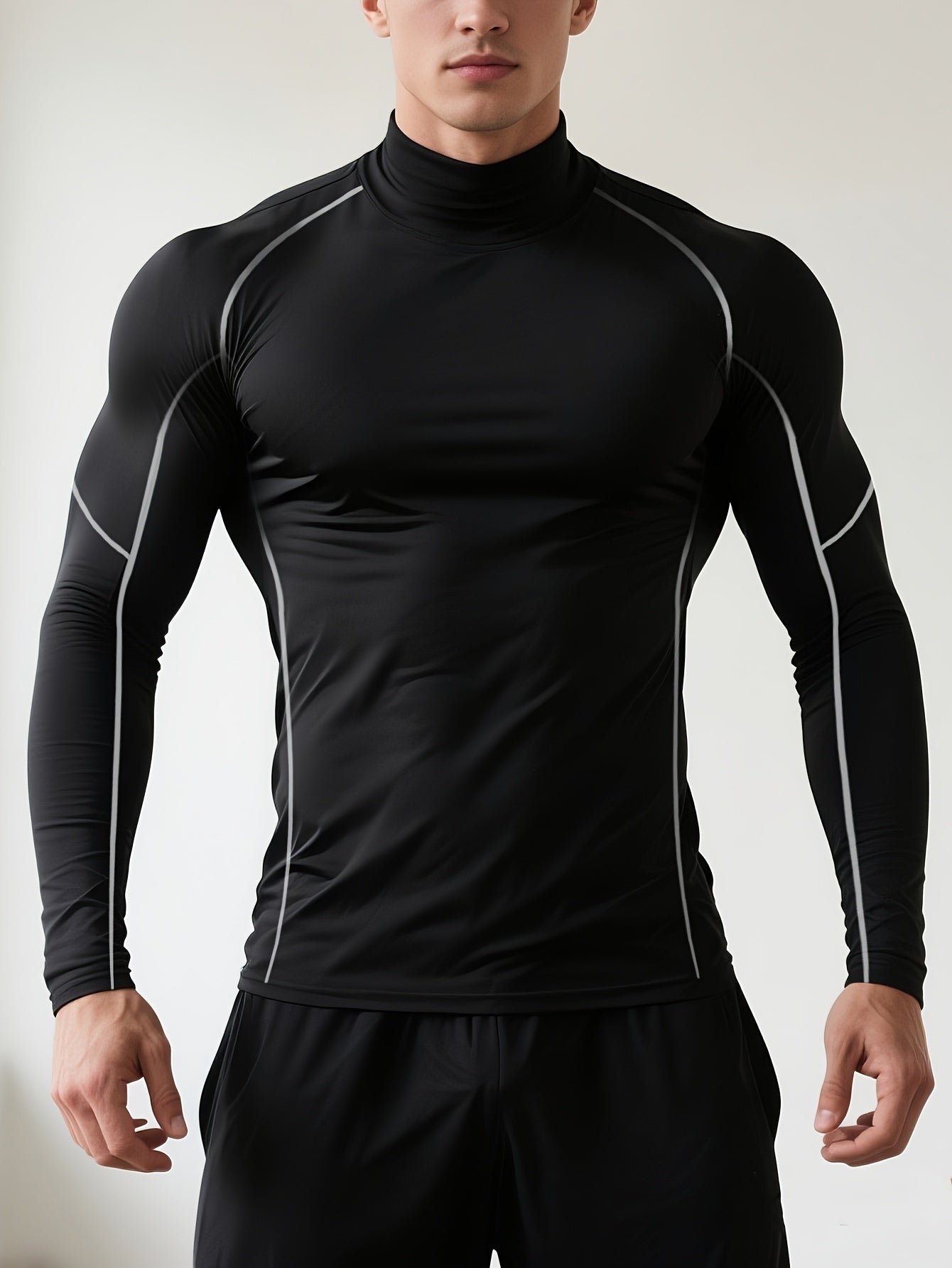 Men's Quick-Dry Stretch Fitness Shirt - High Neck Long Sleeve Workout Top, Tight-Fit Gym & Boxing Shirt for All Seasons, Moisture-Wicking Athletic Performance Apparel, Gym Clothes, Training Top, Sporty Look, Stretchy Fabric,