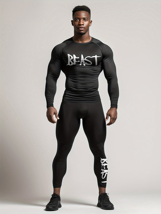 2pcs Sports Fitness T-Shirt Style "BEAST" Letter Print Set Men'S Running Sports Tight And Elastic Basketball Training Outdoor