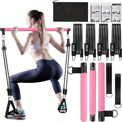 8pcs Set - Pilates Bar Kit with 4 Resistance Bands (63.5 KG) Portable Home Gym Fitness Equipment Set with Ankle Straps And Portable Drawstring Backpack for Men And Women Fitness Workout