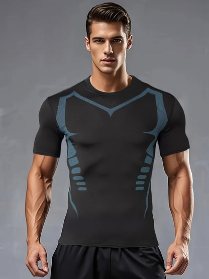 Men's Athletic Compression T-Shirt - Breathable, Stretchy & Slimming for Yoga, Cycling & Running | Solid Color with Geometric Print, Elastic, Muscle, Outdoor Sports, Single Piece
