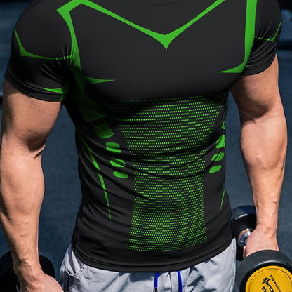 Men'S High Elasticity Quick Dry Sports T-Shirt, Geometric-Patterned Polyester Knit Fabric, Crew Neck Short Sleeve Tear Resistant Top for Running, Yoga, Hiking & Outdoor Activities - Summer Casual Fit