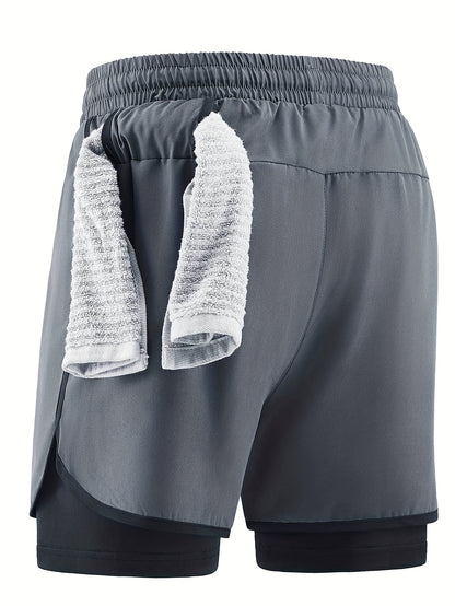 Men'S 2-in-1 Quick-Dry Breathable Athletic Shorts with Geometric Bull Head Print - Lightweight Running & Training Gear, Olive Green with Black Accents, Asymmetrical Design, Pockets, Perfect for Beach & Sports, Gym Short
