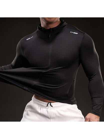Men'S Black Ice Slicky Fiber Hoodie - Long Sleeve, High-Stretch, Zip-Up Sports Top with Zipper Pockets, Perfect for Fitness & Outdoor Activities, Outdoor Sports Top|Zippered Hoodie|Stretchy Fabric
