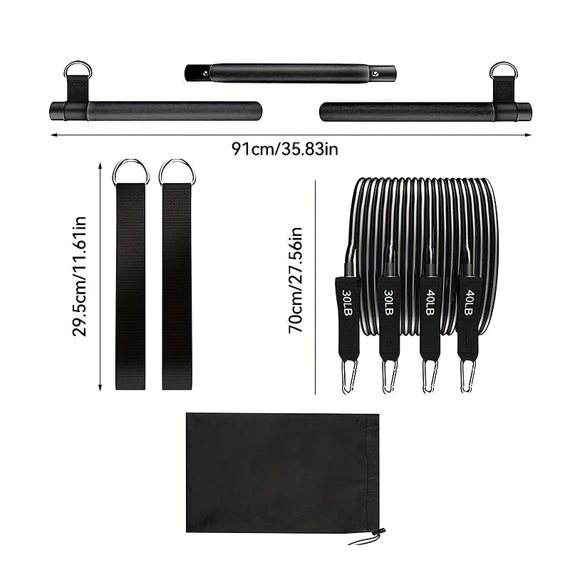 8pcs Set - Pilates Bar Kit with 4 Resistance Bands (63.5 KG) Portable Home Gym Fitness Equipment Set with Ankle Straps And Portable Drawstring Backpack for Men And Women Fitness Workout