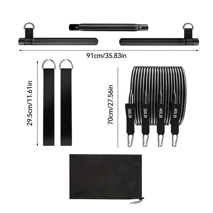 8pcs Set - Pilates Bar Kit with 4 Resistance Bands (63.5 KG) Portable Home Gym Fitness Equipment Set with Ankle Straps And Portable Drawstring Backpack for Men And Women Fitness Workout