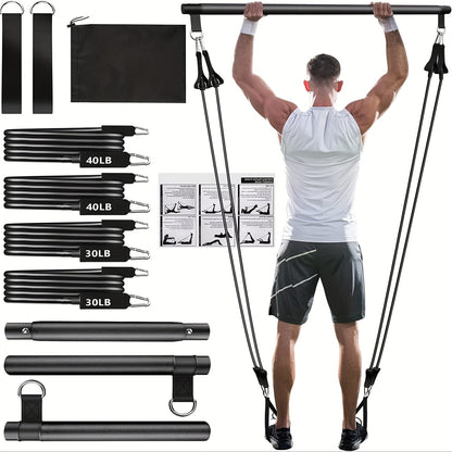 8pcs Set - Pilates Bar Kit with 4 Resistance Bands (63.5 KG) Portable Home Gym Fitness Equipment Set with Ankle Straps And Portable Drawstring Backpack for Men And Women Fitness Workout