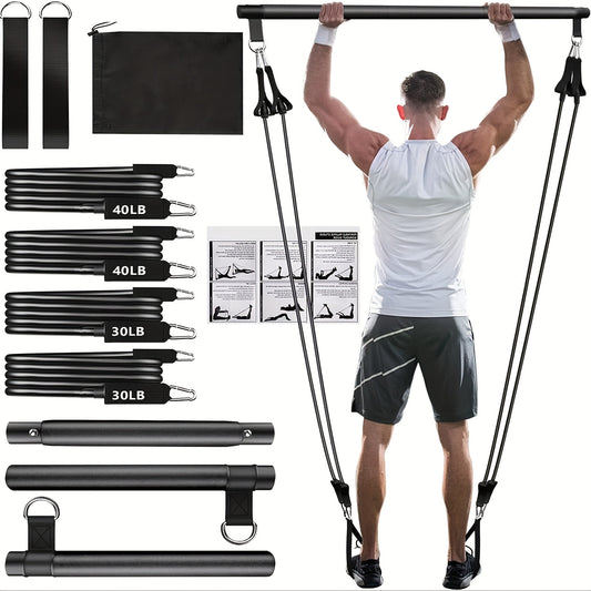 8pcs Set - Pilates Bar Kit with 4 Resistance Bands (63.5 KG) Portable Home Gym Fitness Equipment Set with Ankle Straps And Portable Drawstring Backpack for Men And Women Fitness Workout