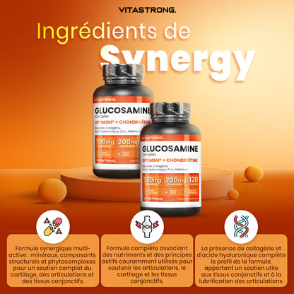 Vitastrong Glucosamine Chondroitin with MSM, Collagen, Hyaluronic Acid, Zinc, Selenium, Manganese, Boswellia for Bones, Joints, Cartilage, Premium Natural Chondroitin Glucosamine Complex