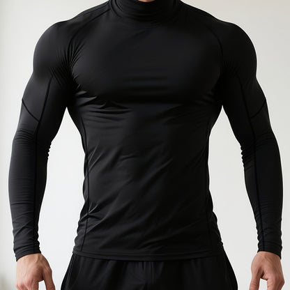 Men's Quick-Dry Stretch Fitness Shirt - High Neck Long Sleeve Workout Top, Tight-Fit Gym & Boxing Shirt for All Seasons, Moisture-Wicking Athletic Performance Apparel, Gym Clothes, Training Top, Sporty Look, Stretchy Fabric,