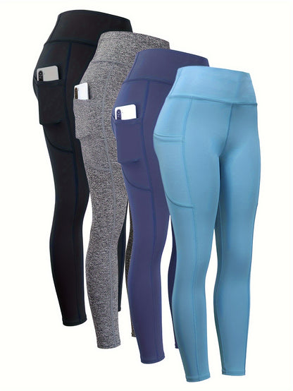 4pcs High Waist Yoga Leggings With Pocket For Women, Solid Color, Tight Fit, Women's Activewear