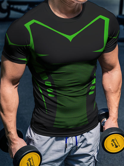 Men'S High Elasticity Quick Dry Sports T-Shirt, Geometric-Patterned Polyester Knit Fabric, Crew Neck Short Sleeve Tear Resistant Top for Running, Yoga, Hiking & Outdoor Activities - Summer Casual Fit