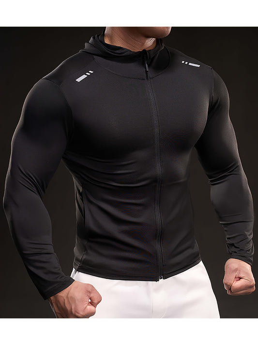 Men'S Black Ice Slicky Fiber Hoodie - Long Sleeve, High-Stretch, Zip-Up Sports Top with Zipper Pockets, Perfect for Fitness & Outdoor Activities, Outdoor Sports Top|Zippered Hoodie|Stretchy Fabric
