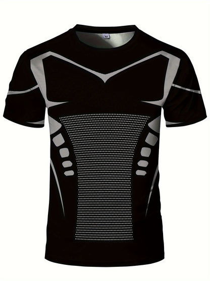 Men'S High Elasticity Quick Dry Sports T-Shirt, Geometric-Patterned Polyester Knit Fabric, Crew Neck Short Sleeve Tear Resistant Top for Running, Yoga, Hiking & Outdoor Activities - Summer Casual Fit