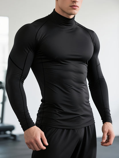 Men's Quick-Dry Stretch Fitness Shirt - High Neck Long Sleeve Workout Top, Tight-Fit Gym & Boxing Shirt for All Seasons, Moisture-Wicking Athletic Performance Apparel, Gym Clothes, Training Top, Sporty Look, Stretchy Fabric,