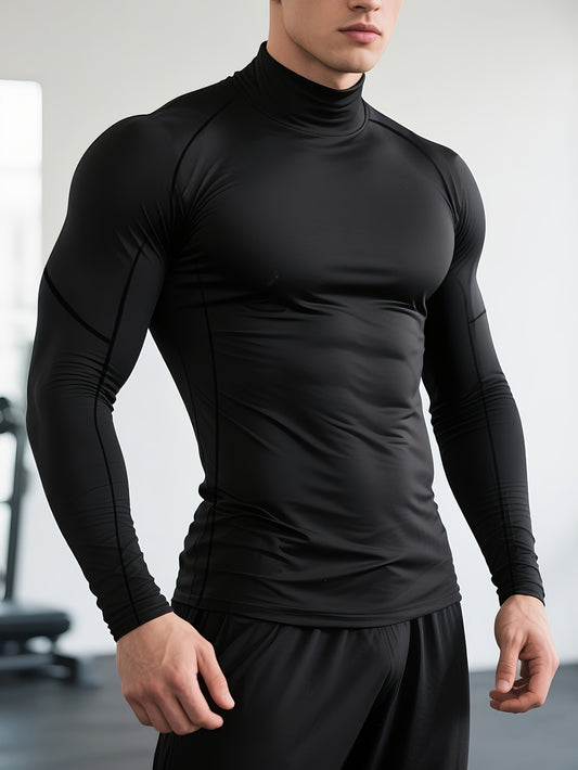 Men's Quick-Dry Stretch Fitness Shirt - High Neck Long Sleeve Workout Top, Tight-Fit Gym & Boxing Shirt for All Seasons, Moisture-Wicking Athletic Performance Apparel, Gym Clothes, Training Top, Sporty Look, Stretchy Fabric,