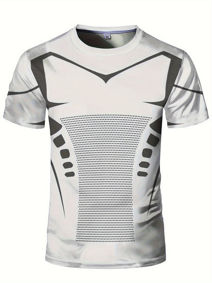 Men'S High Elasticity Quick Dry Sports T-Shirt, Geometric-Patterned Polyester Knit Fabric, Crew Neck Short Sleeve Tear Resistant Top for Running, Yoga, Hiking & Outdoor Activities - Summer Casual Fit