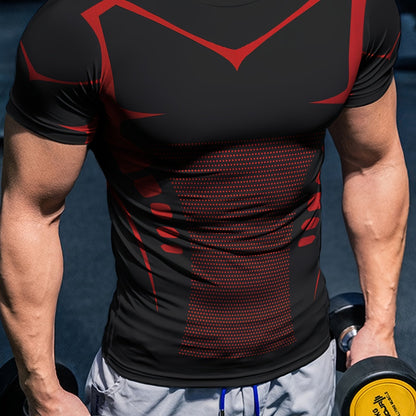Men'S High Elasticity Quick Dry Sports T-Shirt, Geometric-Patterned Polyester Knit Fabric, Crew Neck Short Sleeve Tear Resistant Top for Running, Yoga, Hiking & Outdoor Activities - Summer Casual Fit