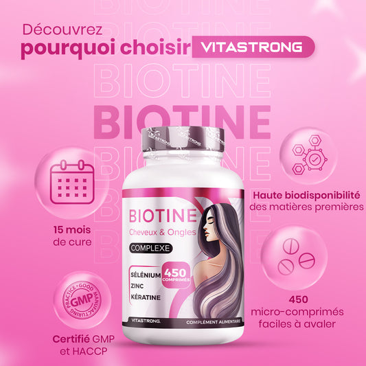 Vitastrong Biotin 450 High-Dose Tablets (15 Months) – Biotin Complex Premium with Keratin, Selenium, Zinc, Bamboo, Hair, Skin, and Nail Vitamins for Hair Growth